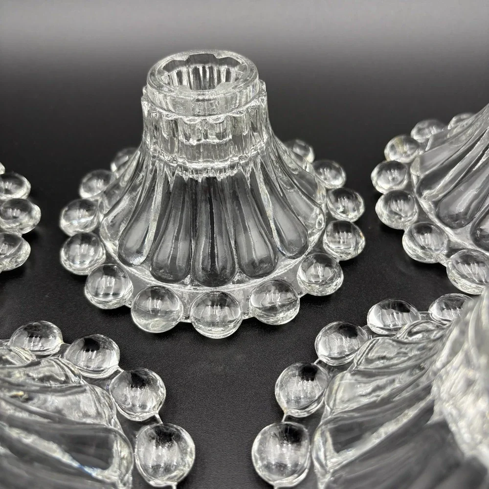 Anchor Hocking Berwick Boopie Clear Candlesticks Set Of  5 Beaded‎ Glass MCM